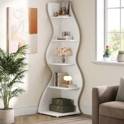 Tribesigns Wavy Corner Shelf, Modern 5-Tier Curved Bookshelf for Small Spaces