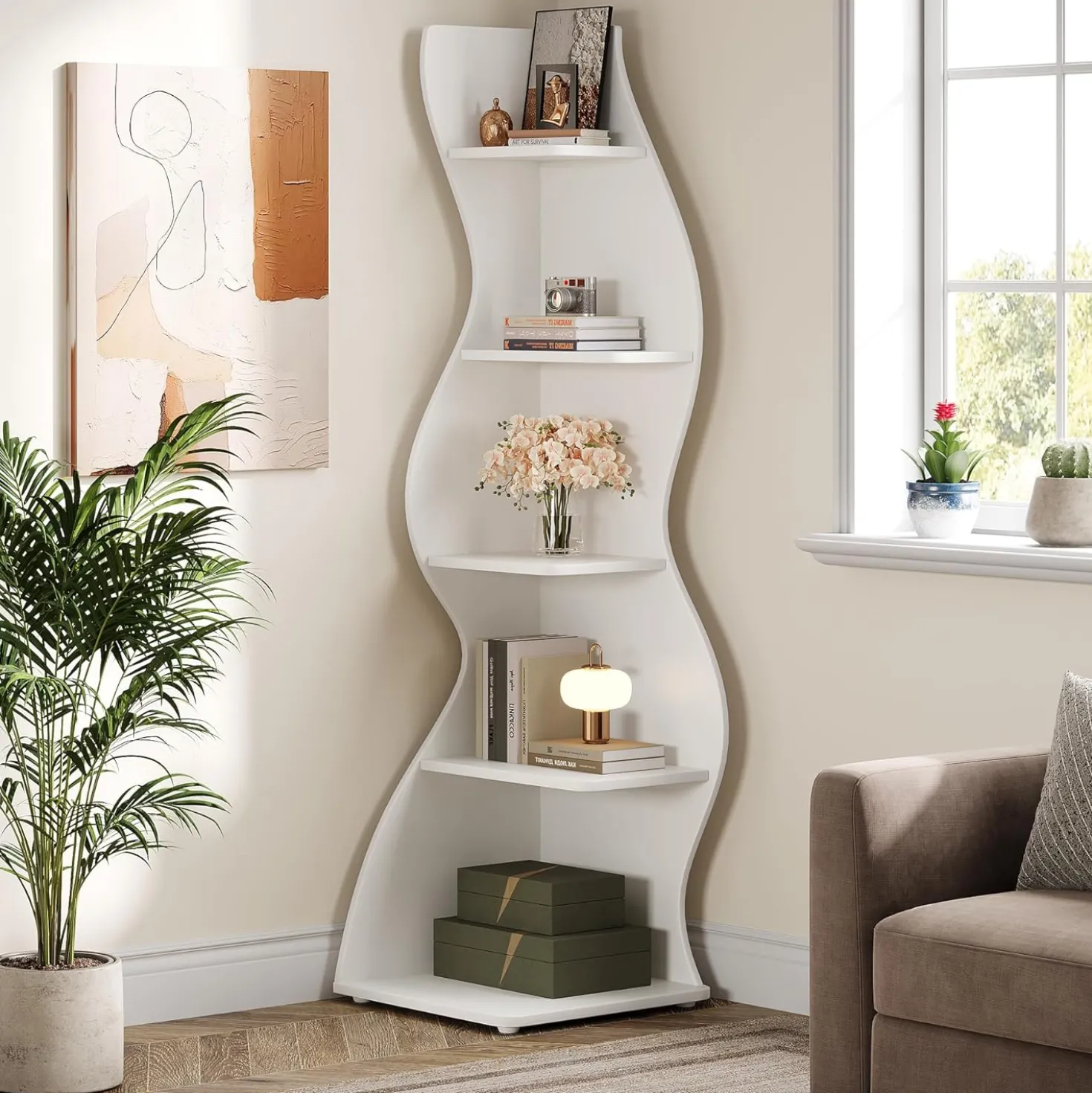 Tribesigns Wavy Corner Shelf, Modern 5-Tier Curved Bookshelf for Small Spaces
