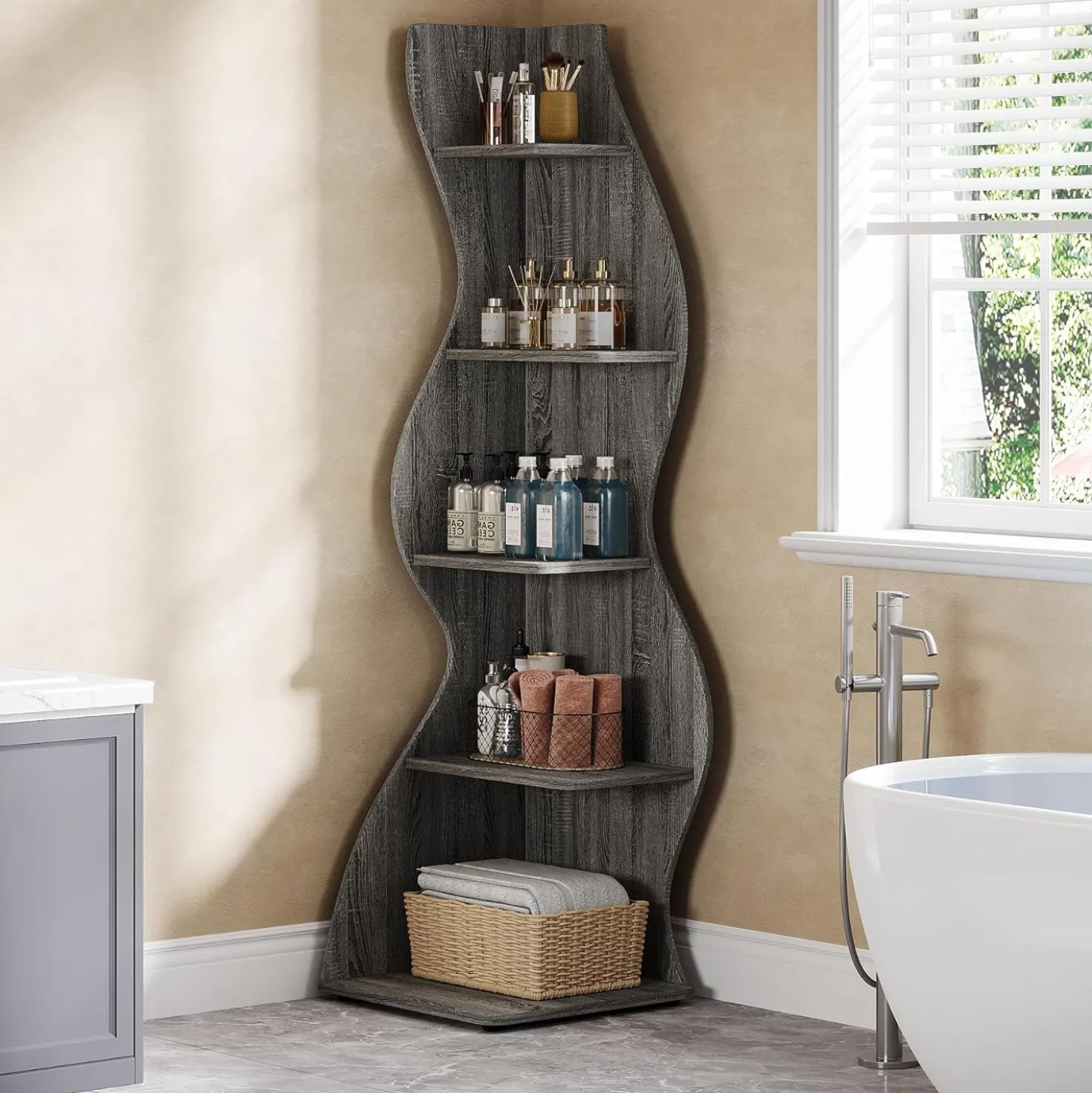 Tribesigns Wavy Corner Shelf, Modern 5-Tier Curved Bookshelf for Small Spaces