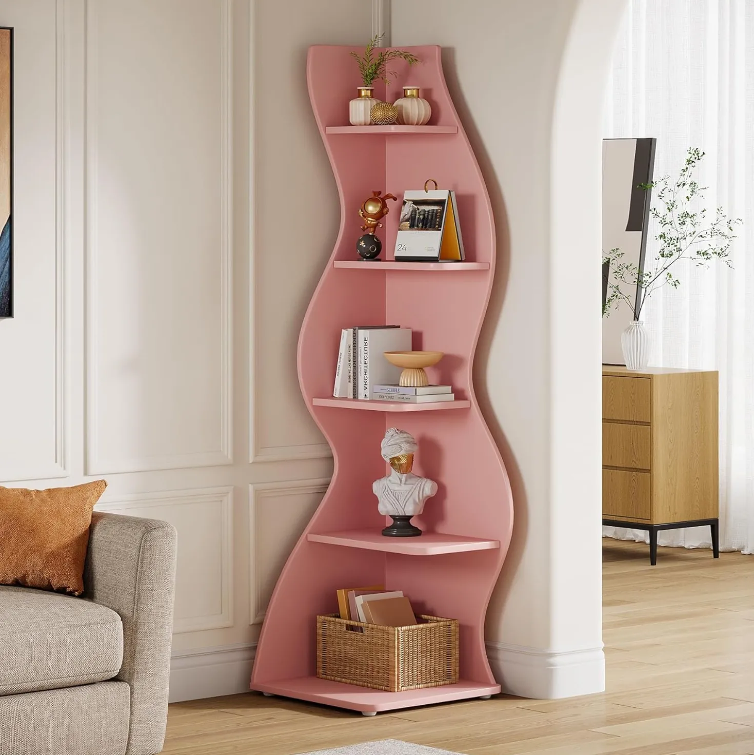 Tribesigns Wavy Corner Shelf, Modern 5-Tier Curved Bookshelf for Small Spaces