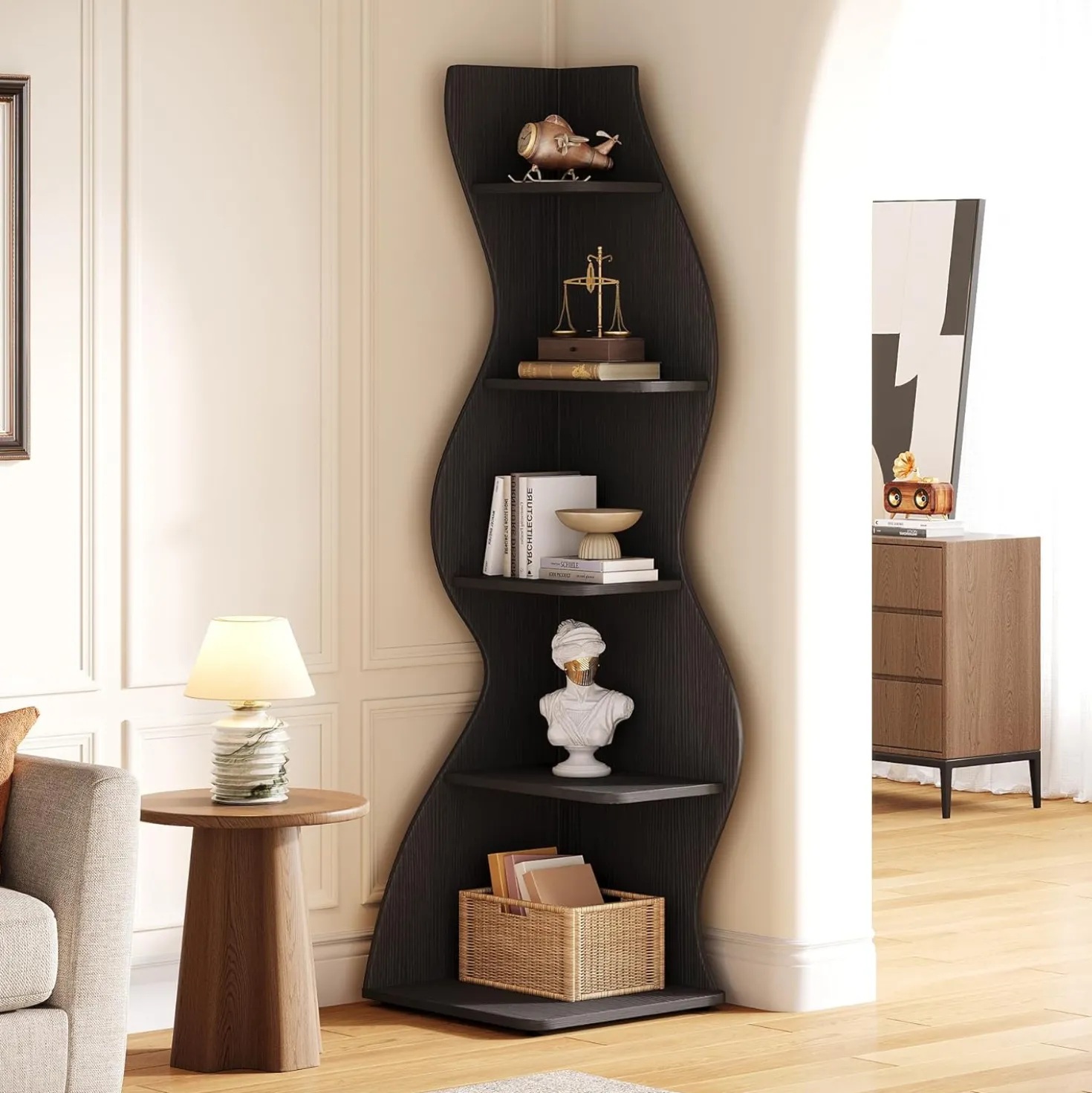Tribesigns Wavy Corner Shelf, Modern 5-Tier Curved Bookshelf for Small Spaces