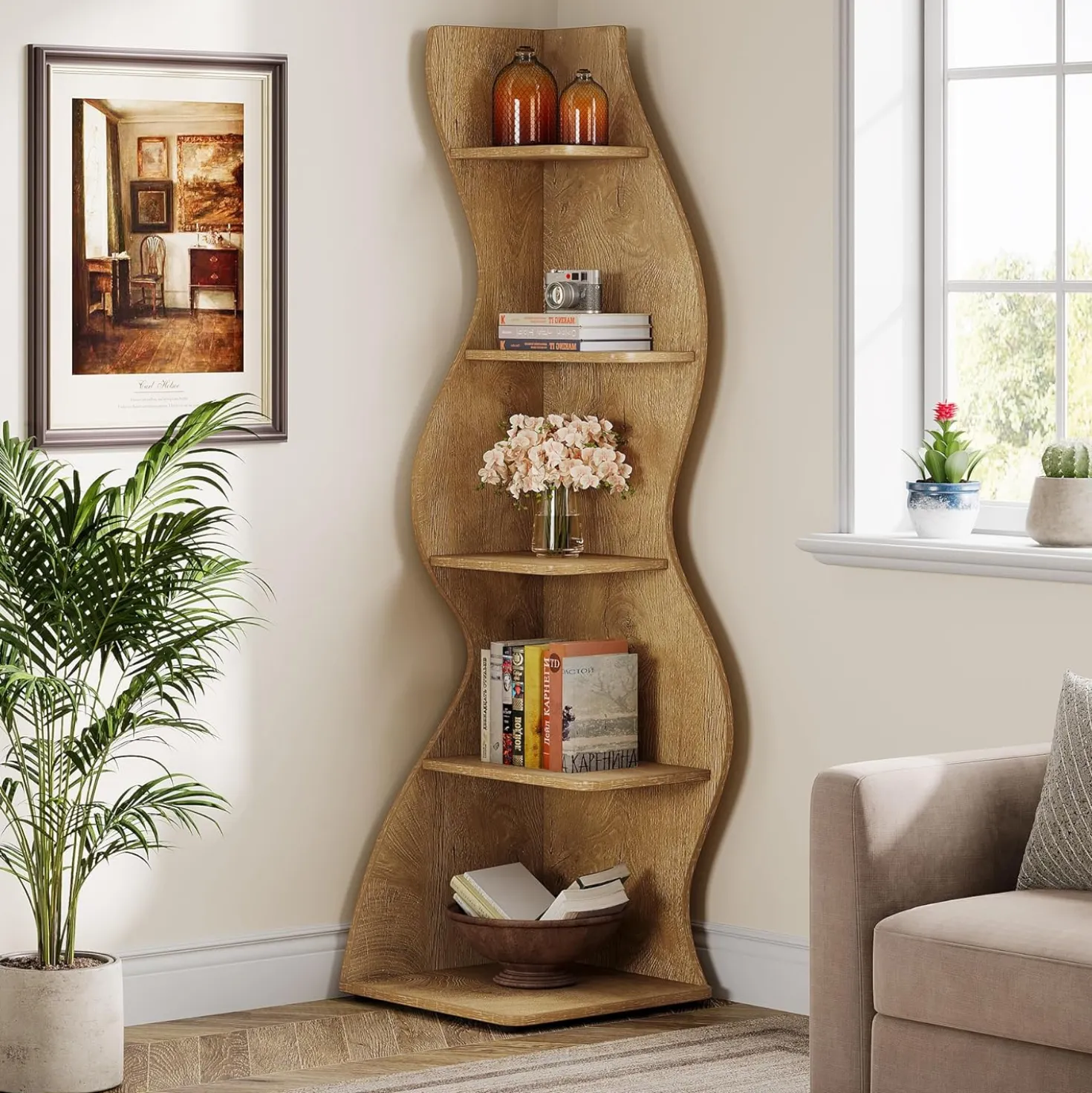 Tribesigns Wavy Corner Shelf, Modern 5-Tier Curved Bookshelf for Small Spaces
