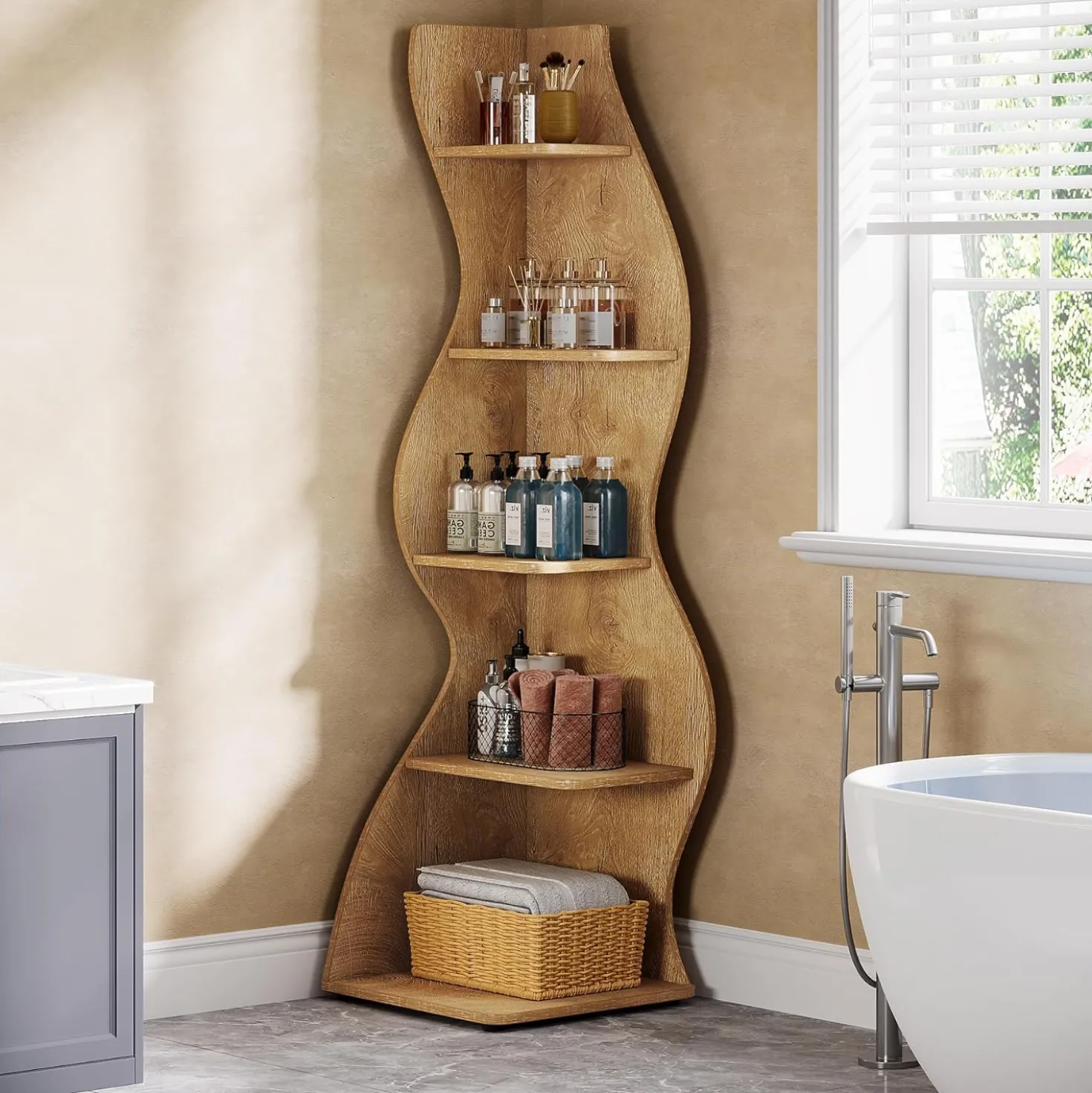 Tribesigns Wavy Corner Shelf, Modern 5-Tier Curved Bookshelf for Small Spaces