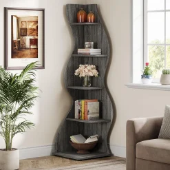 Tribesigns Wavy Corner Shelf, Modern 5-Tier Curved Bookshelf for Small Spaces