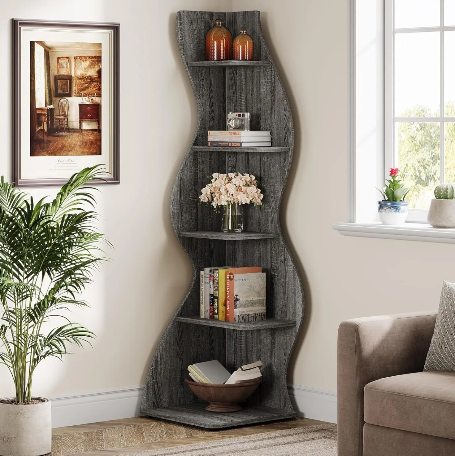 Tribesigns Wavy Corner Shelf, Modern 5-Tier Curved Bookshelf for Small Spaces