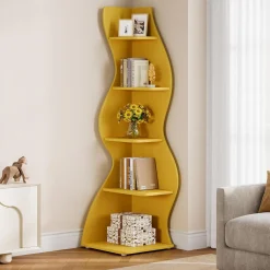 Tribesigns Wavy Corner Shelf, Modern 5-Tier Curved Bookshelf for Small Spaces