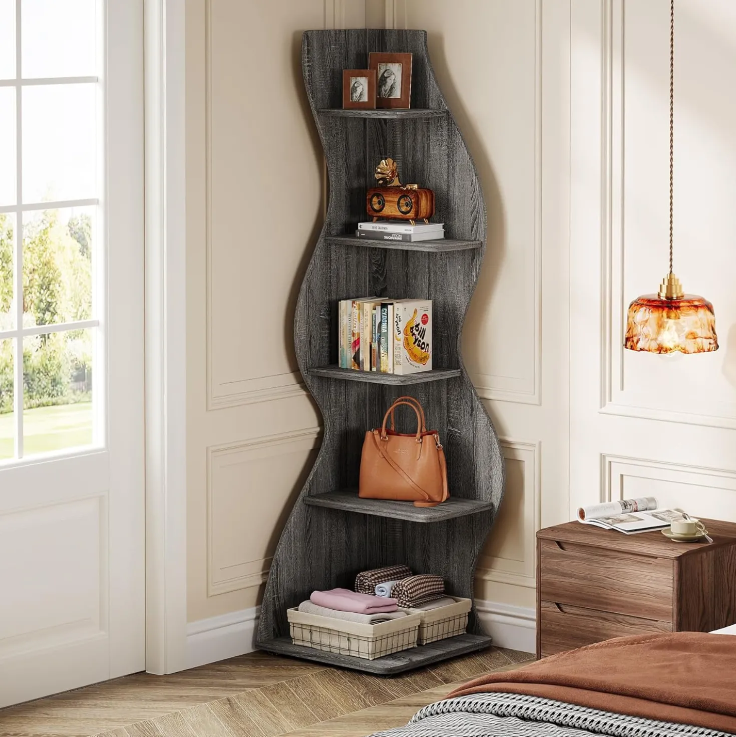 Tribesigns Wavy Corner Shelf, Modern 5-Tier Curved Bookshelf for Small Spaces