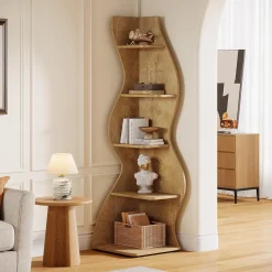 Tribesigns Wavy Corner Shelf, Modern 5-Tier Curved Bookshelf for Small Spaces