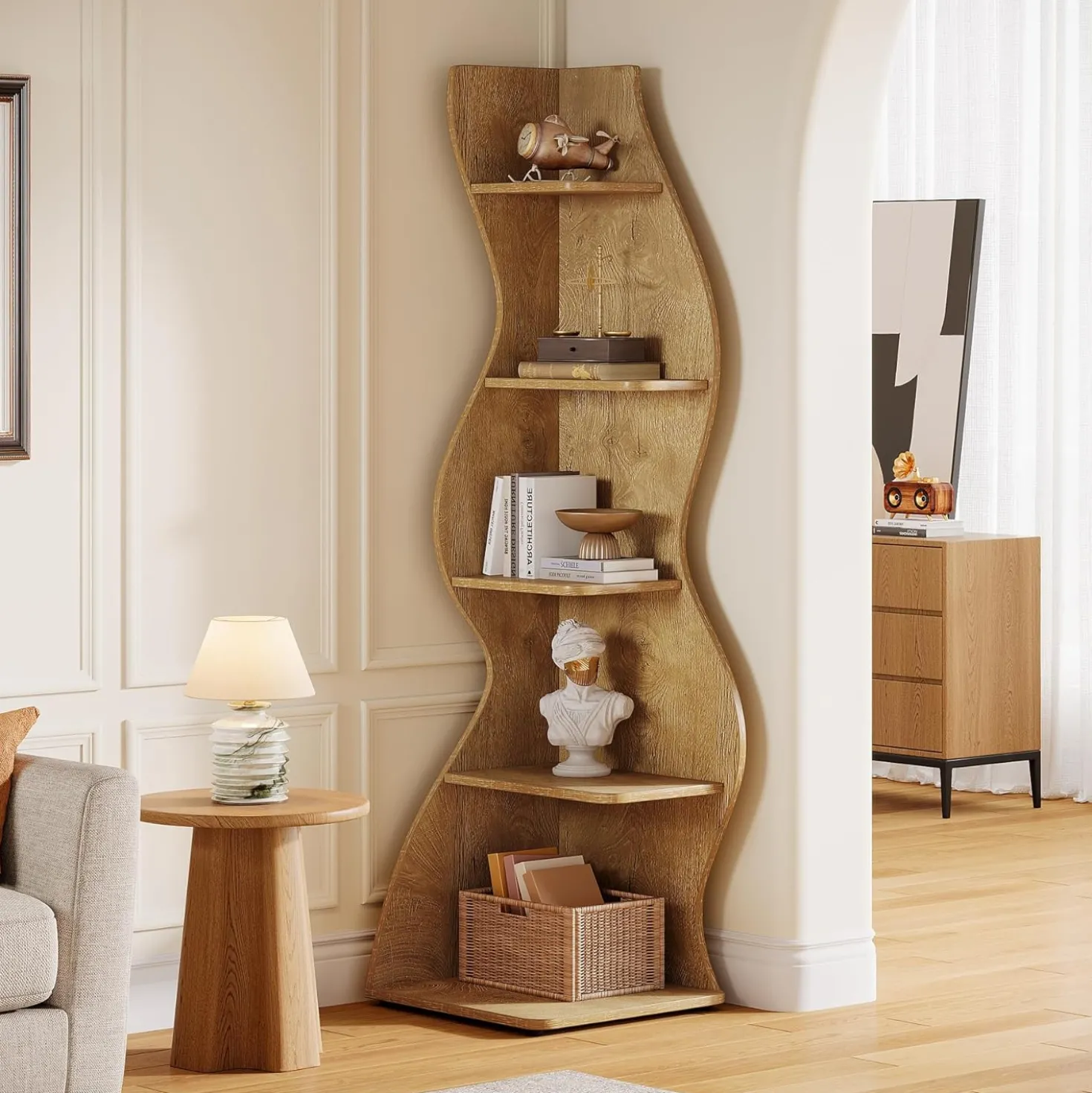 Tribesigns Wavy Corner Shelf, Modern 5-Tier Curved Bookshelf for Small Spaces