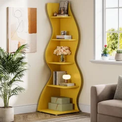Tribesigns Wavy Corner Shelf, Modern 5-Tier Curved Bookshelf for Small Spaces