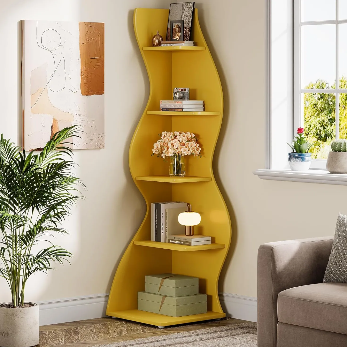Tribesigns Wavy Corner Shelf, Modern 5-Tier Curved Bookshelf for Small Spaces