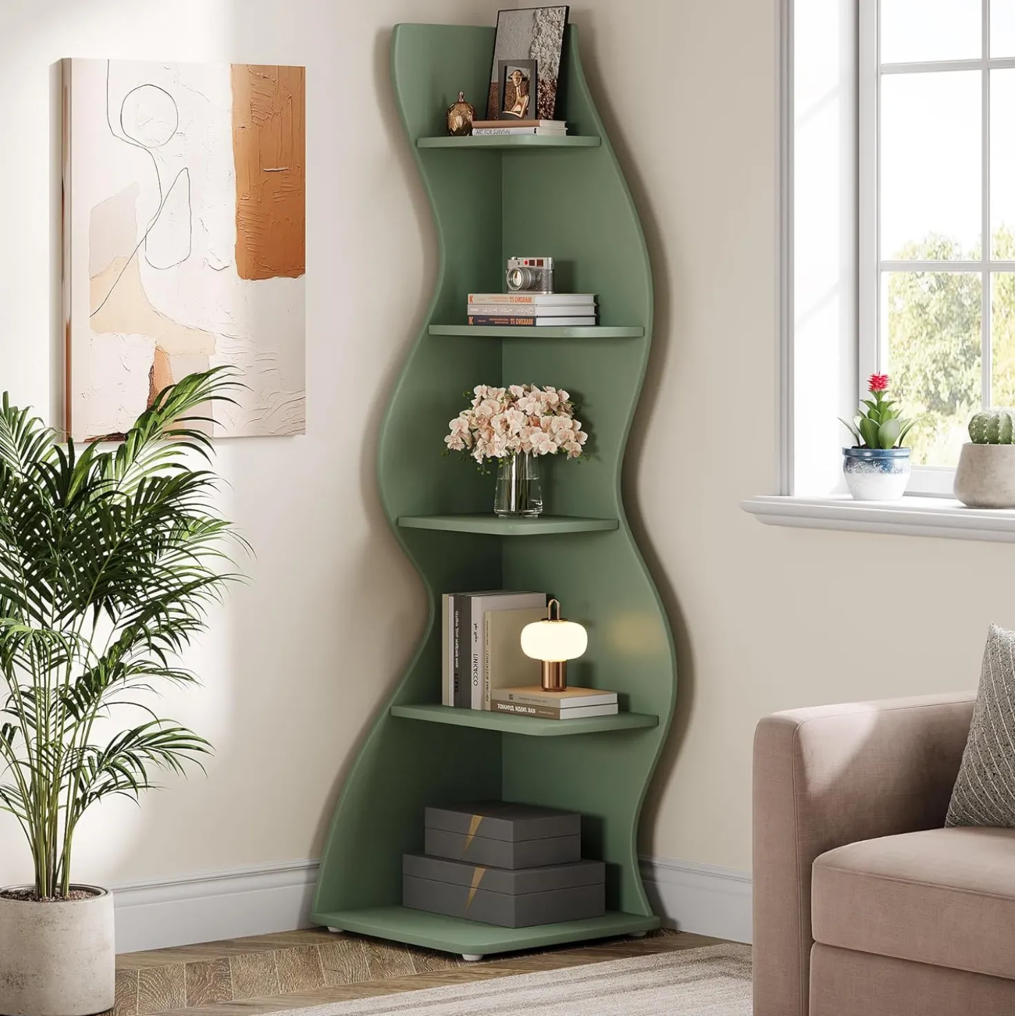 Tribesigns Wavy Corner Shelf, Modern 5-Tier Curved Bookshelf for Small Spaces