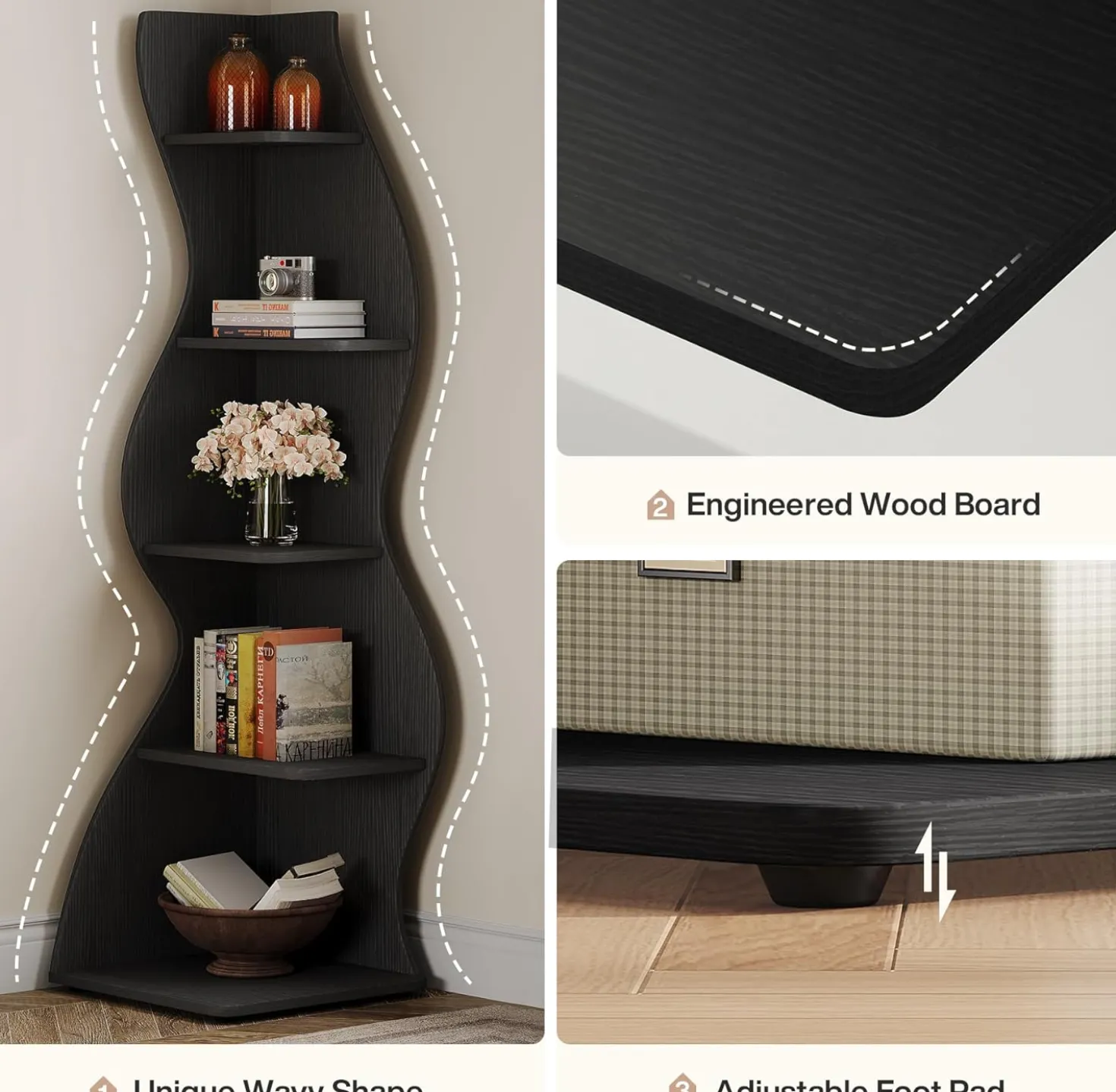 Tribesigns Wavy Corner Shelf, Modern 5-Tier Curved Bookshelf for Small Spaces