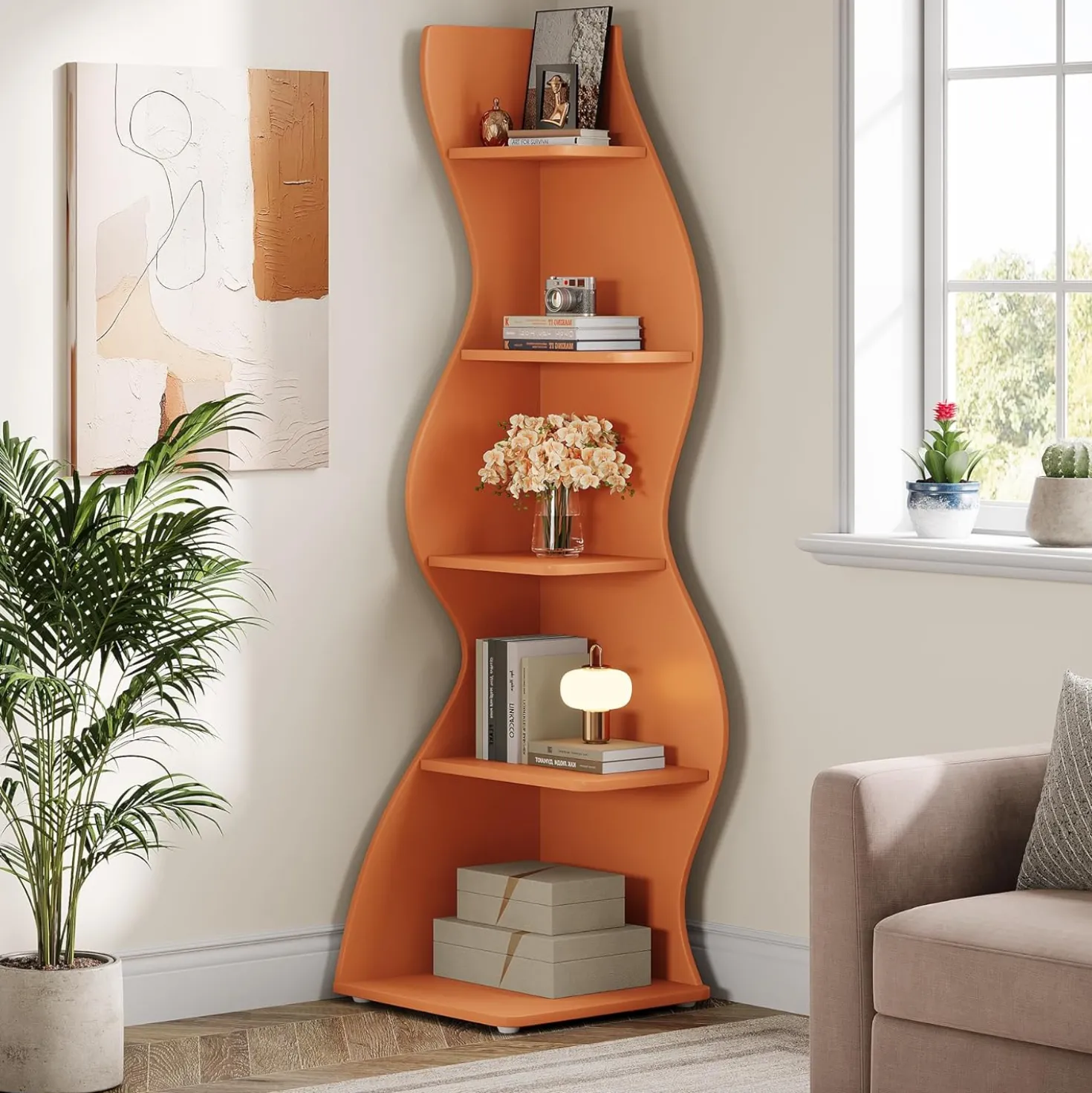 Tribesigns Wavy Corner Shelf, Modern 5-Tier Curved Bookshelf for Small Spaces