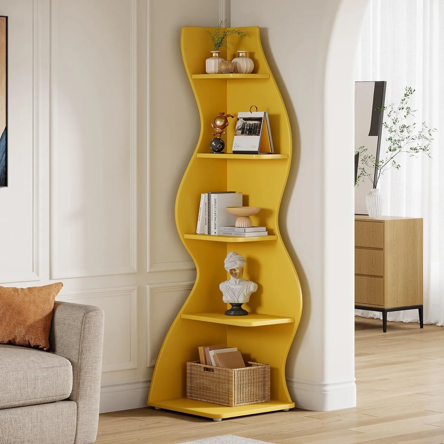 Tribesigns Wavy Corner Shelf, Modern 5-Tier Curved Bookshelf for Small Spaces