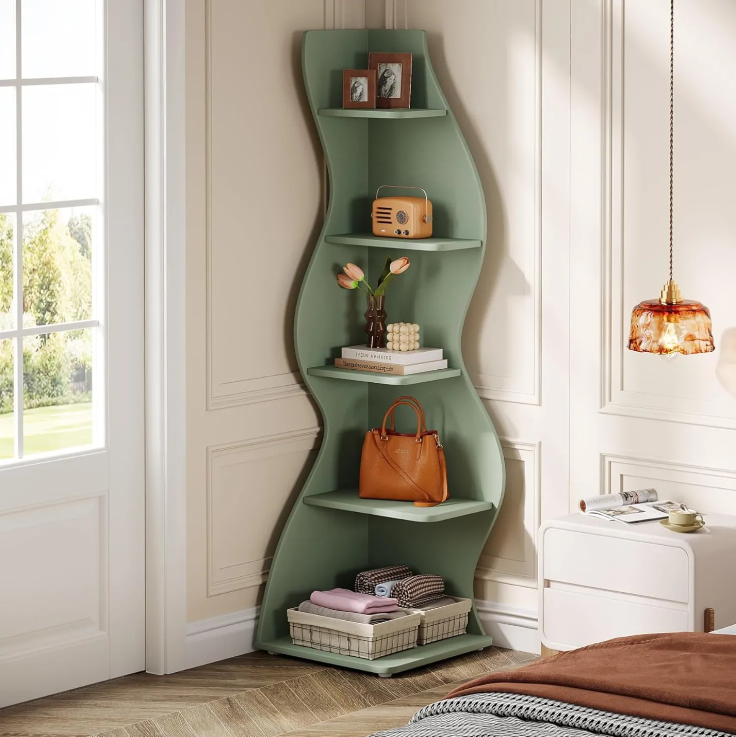 Tribesigns Wavy Corner Shelf, Modern 5-Tier Curved Bookshelf for Small Spaces