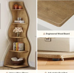Tribesigns Wavy Corner Shelf, Modern 5-Tier Curved Bookshelf for Small Spaces
