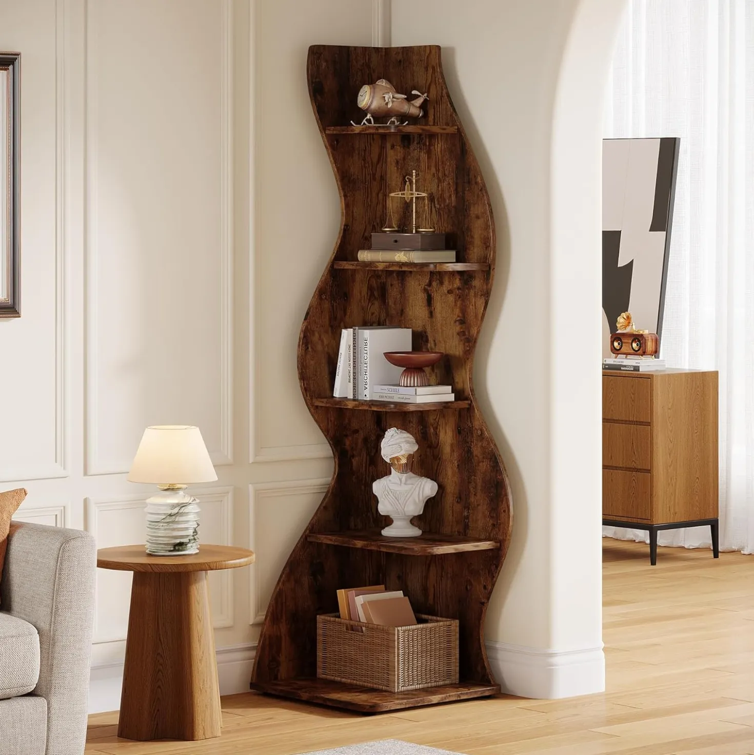 Tribesigns Wavy Corner Shelf, Modern 5-Tier Curved Bookshelf for Small Spaces