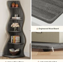 Tribesigns Wavy Corner Shelf, Modern 5-Tier Curved Bookshelf for Small Spaces