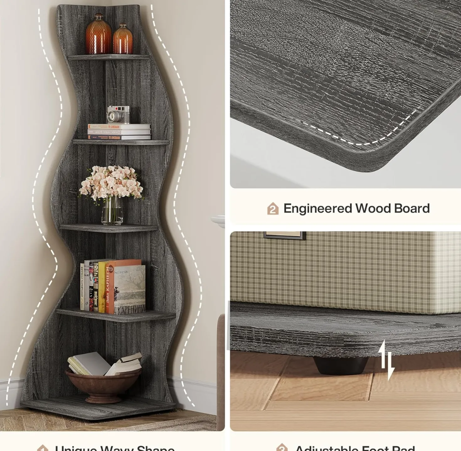 Tribesigns Wavy Corner Shelf, Modern 5-Tier Curved Bookshelf for Small Spaces