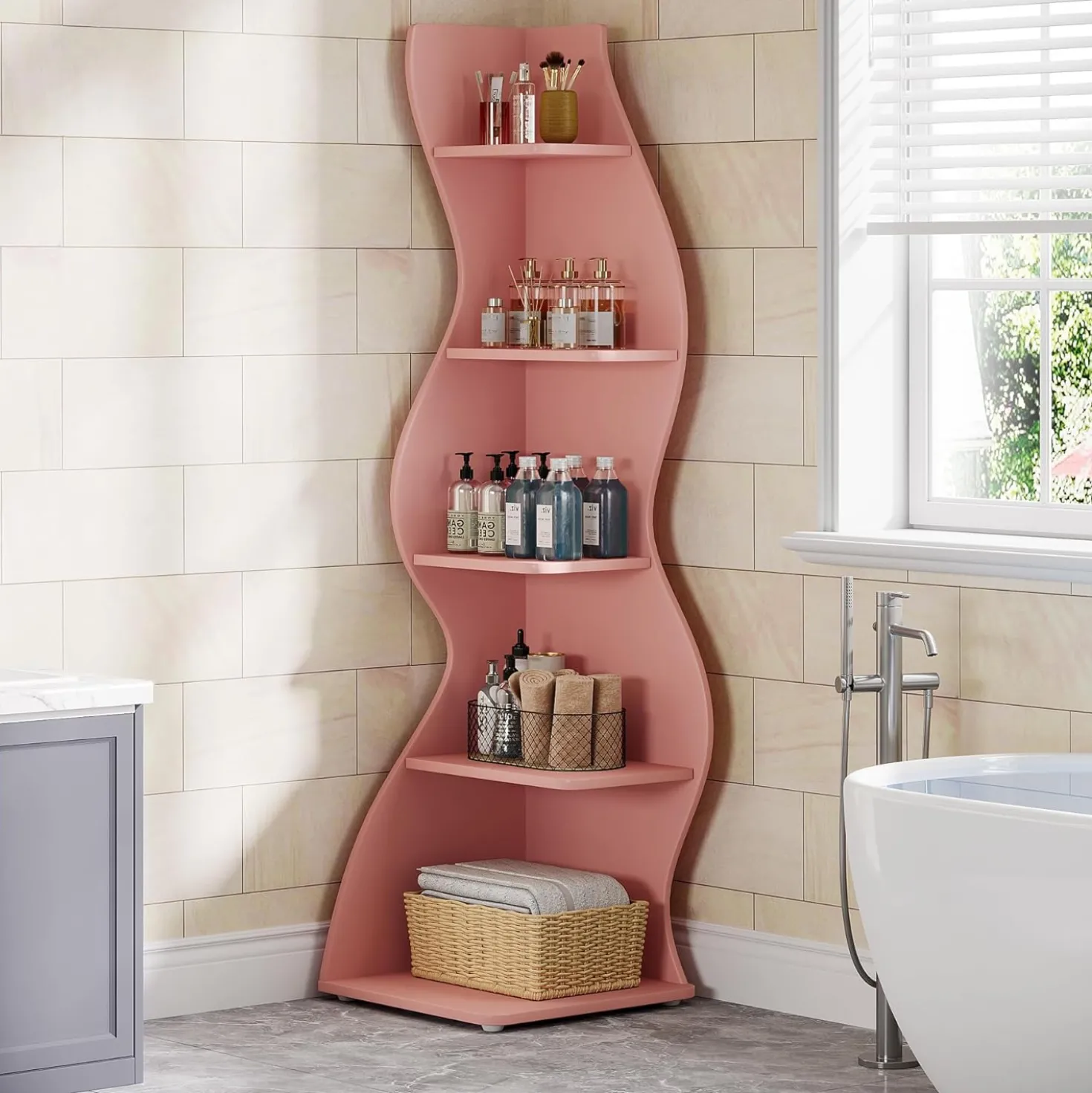 Tribesigns Wavy Corner Shelf, Modern 5-Tier Curved Bookshelf for Small Spaces