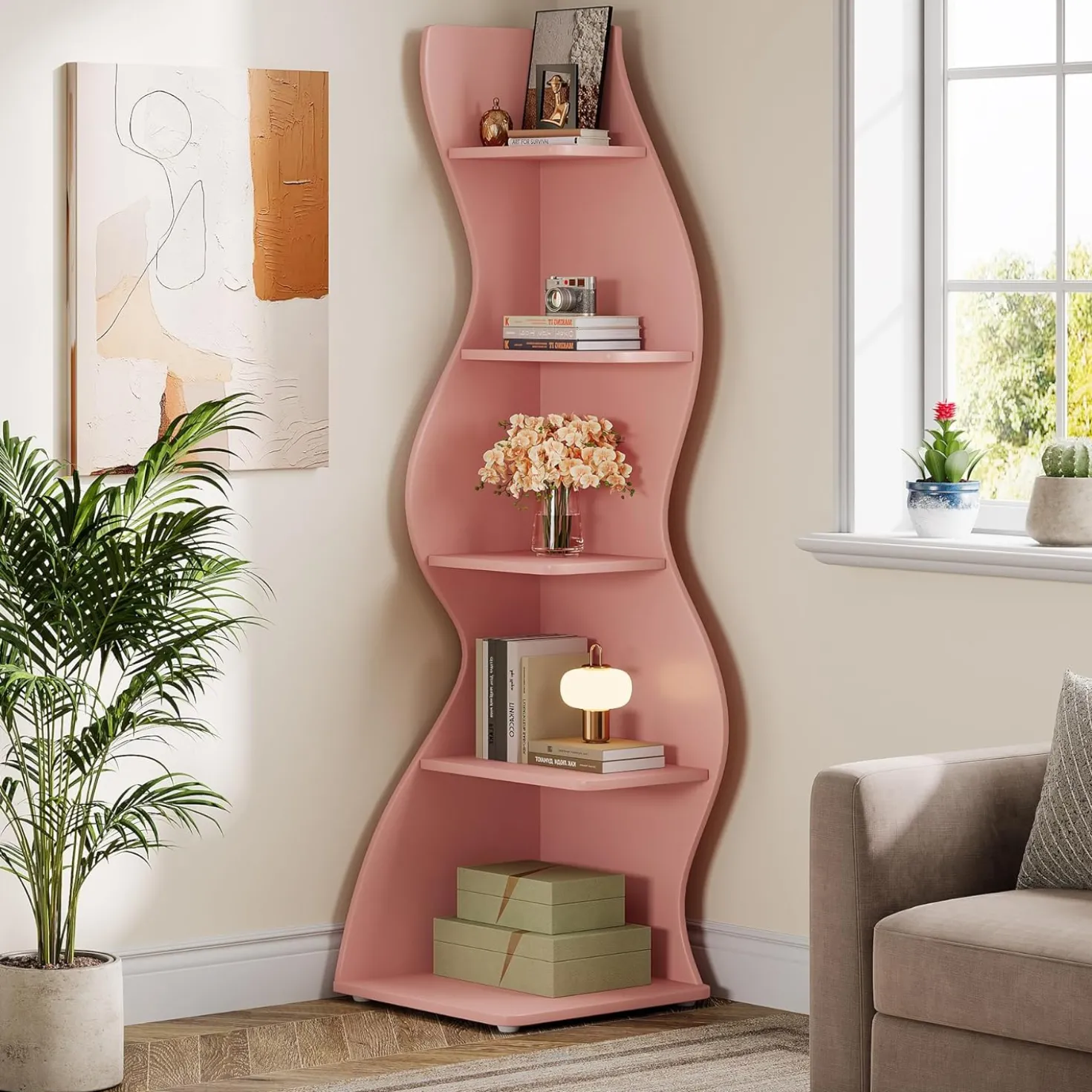 Tribesigns Wavy Corner Shelf, Modern 5-Tier Curved Bookshelf for Small Spaces