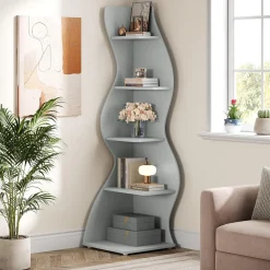 Tribesigns Wavy Corner Shelf, Modern 5-Tier Curved Bookshelf for Small Spaces