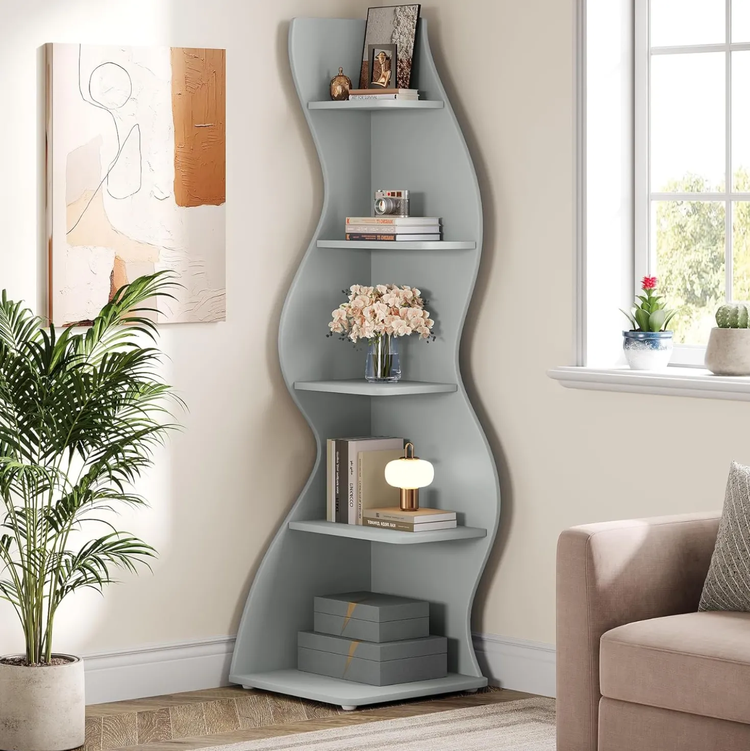 Tribesigns Wavy Corner Shelf, Modern 5-Tier Curved Bookshelf for Small Spaces