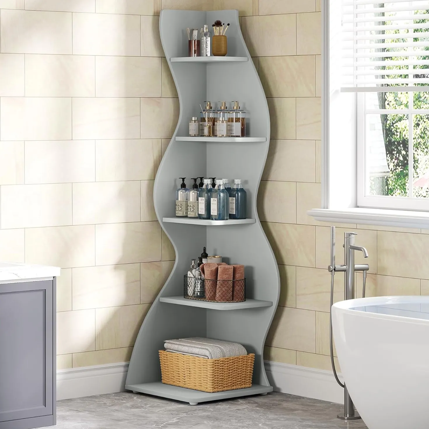 Tribesigns Wavy Corner Shelf, Modern 5-Tier Curved Bookshelf for Small Spaces