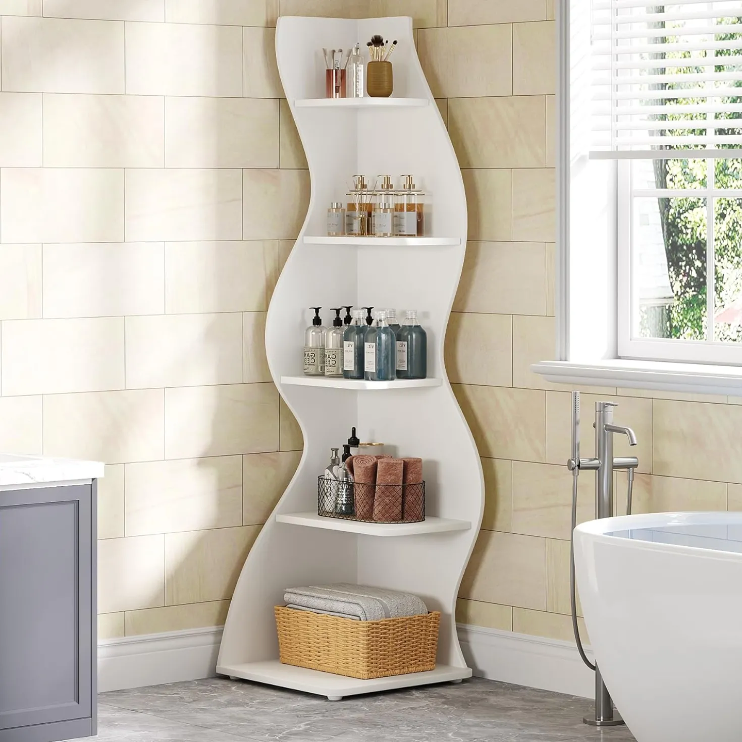 Tribesigns Wavy Corner Shelf, Modern 5-Tier Curved Bookshelf for Small Spaces