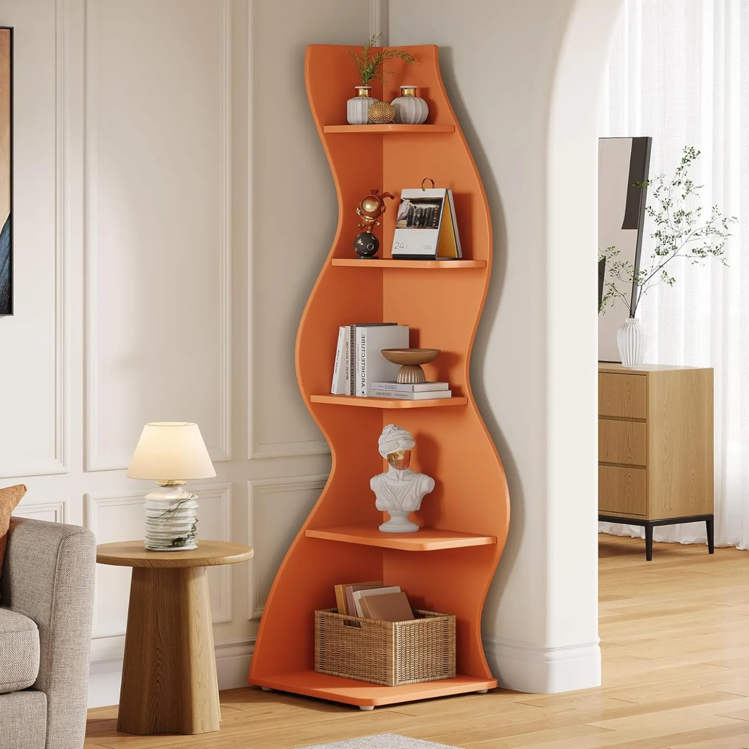 Tribesigns Wavy Corner Shelf, Modern 5-Tier Curved Bookshelf for Small Spaces