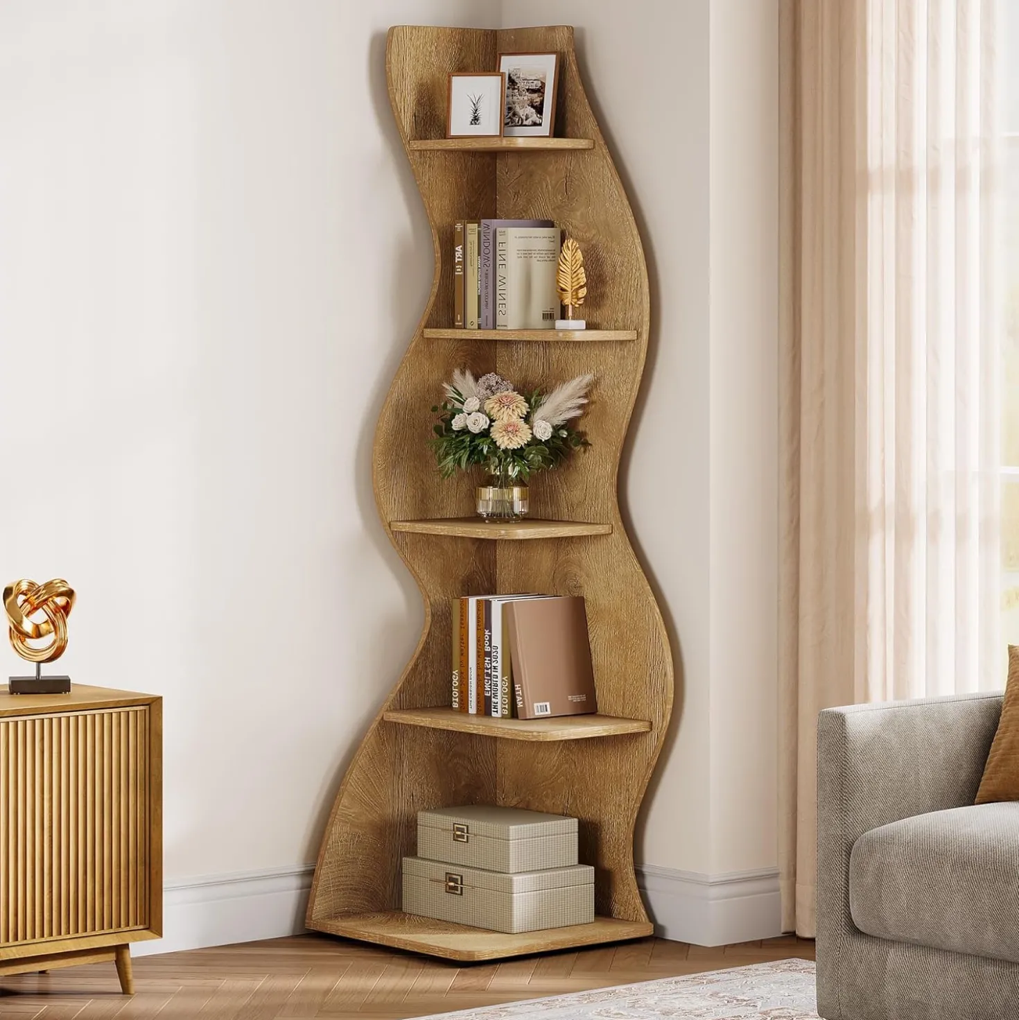 Tribesigns Wavy Corner Shelf, Modern 5-Tier Curved Bookshelf for Small Spaces