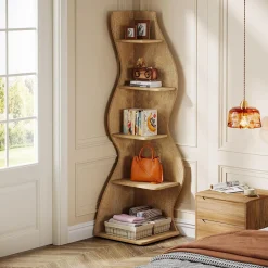 Tribesigns Wavy Corner Shelf, Modern 5-Tier Curved Bookshelf for Small Spaces
