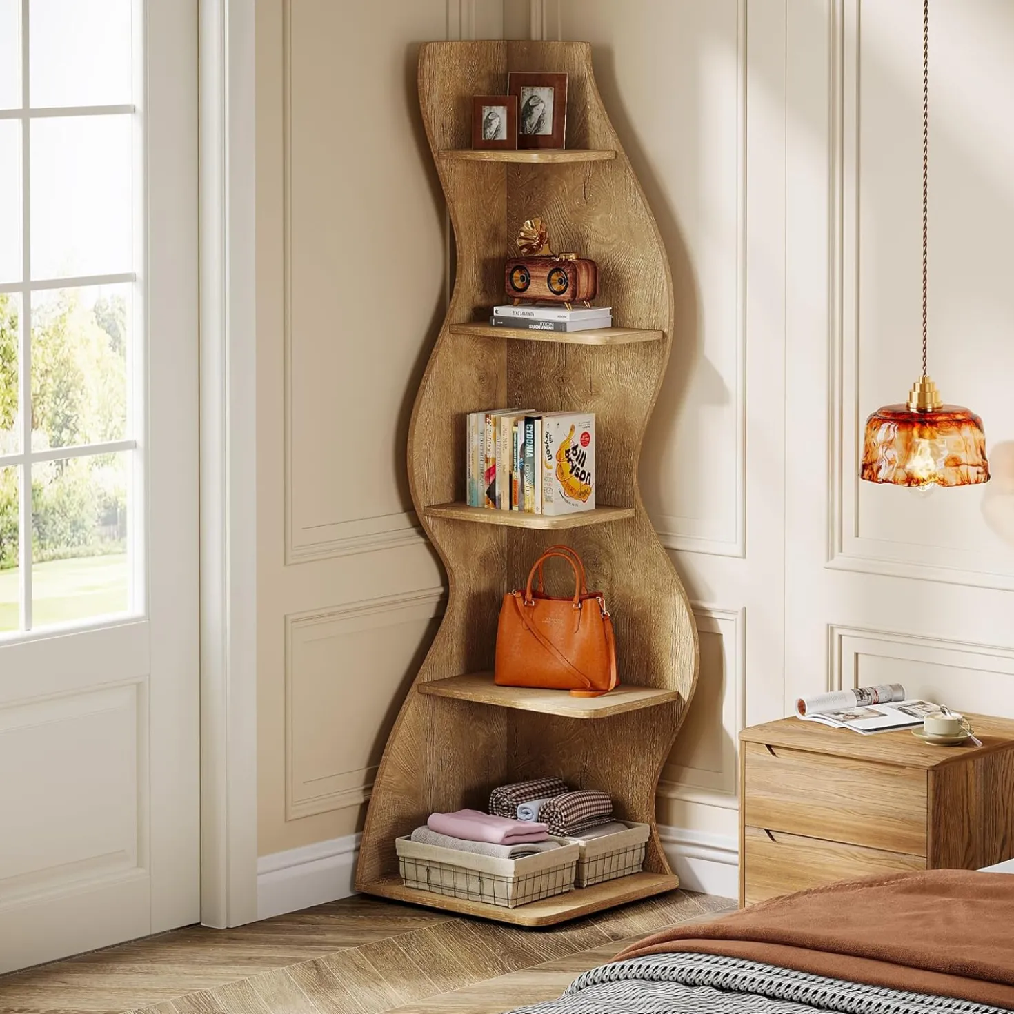Tribesigns Wavy Corner Shelf, Modern 5-Tier Curved Bookshelf for Small Spaces