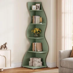 Tribesigns Wavy Corner Shelf, Modern 5-Tier Curved Bookshelf for Small Spaces