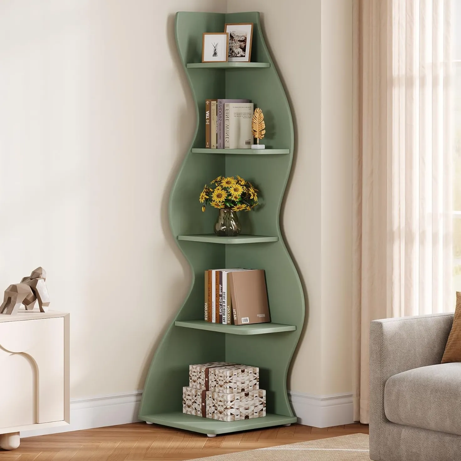 Tribesigns Wavy Corner Shelf, Modern 5-Tier Curved Bookshelf for Small Spaces