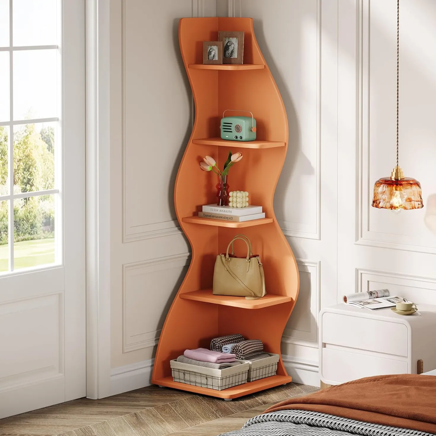 Tribesigns Wavy Corner Shelf, Modern 5-Tier Curved Bookshelf for Small Spaces