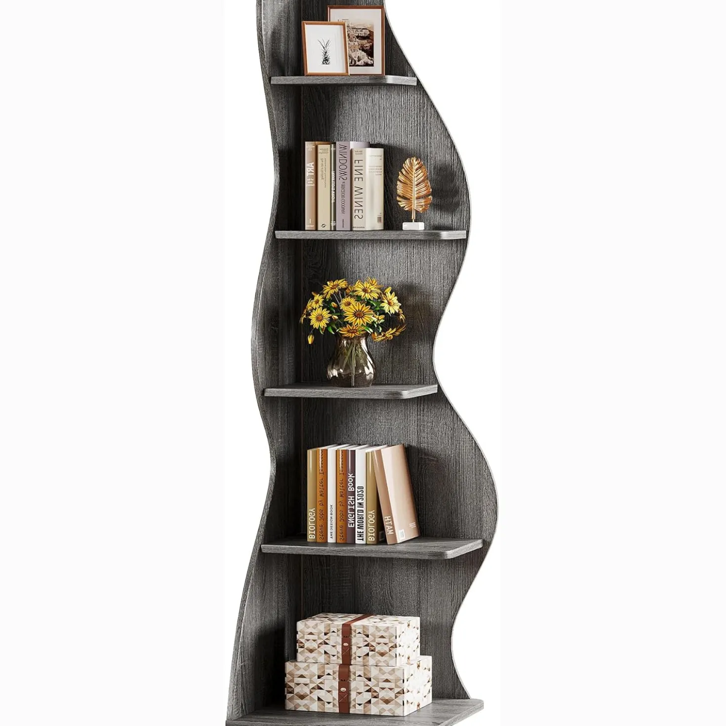 Tribesigns Wavy Corner Shelf, Modern 5-Tier Curved Bookshelf for Small Spaces
