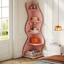 Tribesigns Wavy Corner Shelf, Modern 5-Tier Curved Bookshelf for Small Spaces