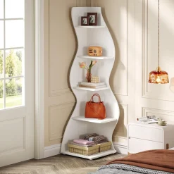 Tribesigns Wavy Corner Shelf, Modern 5-Tier Curved Bookshelf for Small Spaces