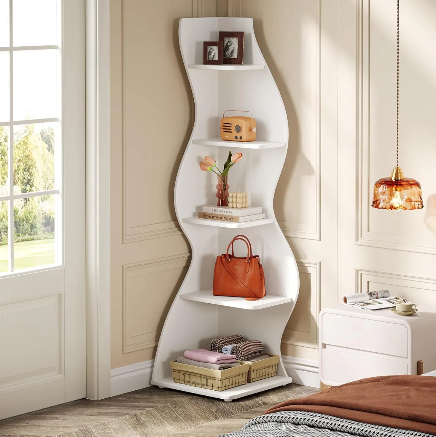 Tribesigns Wavy Corner Shelf, Modern 5-Tier Curved Bookshelf for Small Spaces