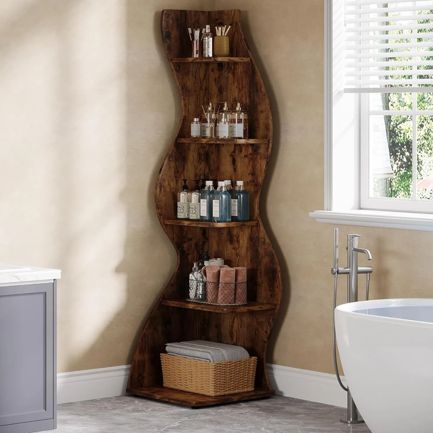 Tribesigns Wavy Corner Shelf, Modern 5-Tier Curved Bookshelf for Small Spaces