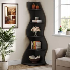 Tribesigns Wavy Corner Shelf, Modern 5-Tier Curved Bookshelf for Small Spaces
