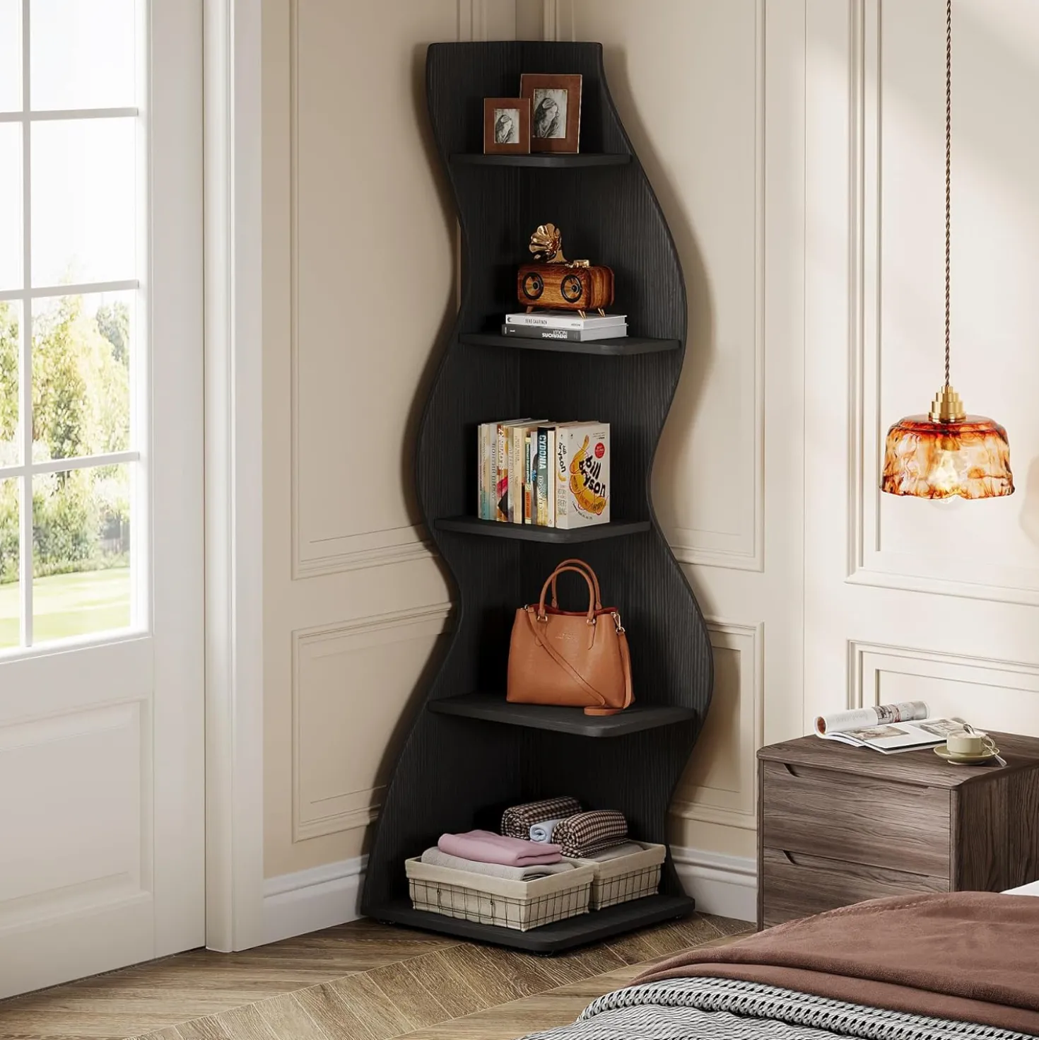Tribesigns Wavy Corner Shelf, Modern 5-Tier Curved Bookshelf for Small Spaces