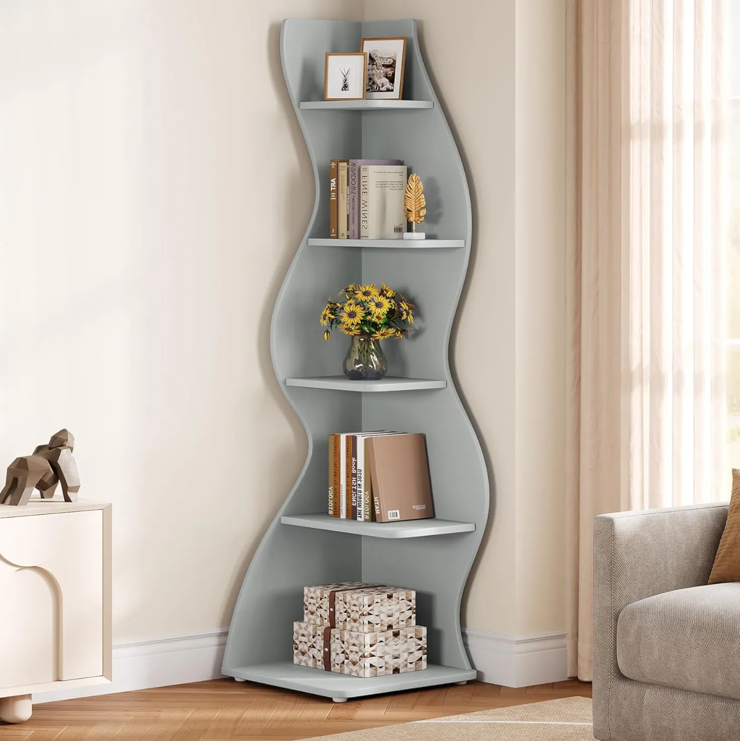 Tribesigns Wavy Corner Shelf, Modern 5-Tier Curved Bookshelf for Small Spaces