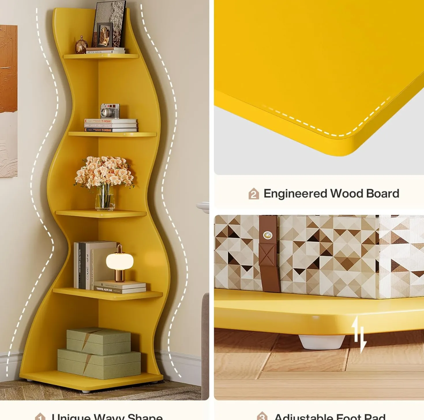Tribesigns Wavy Corner Shelf, Modern 5-Tier Curved Bookshelf for Small Spaces