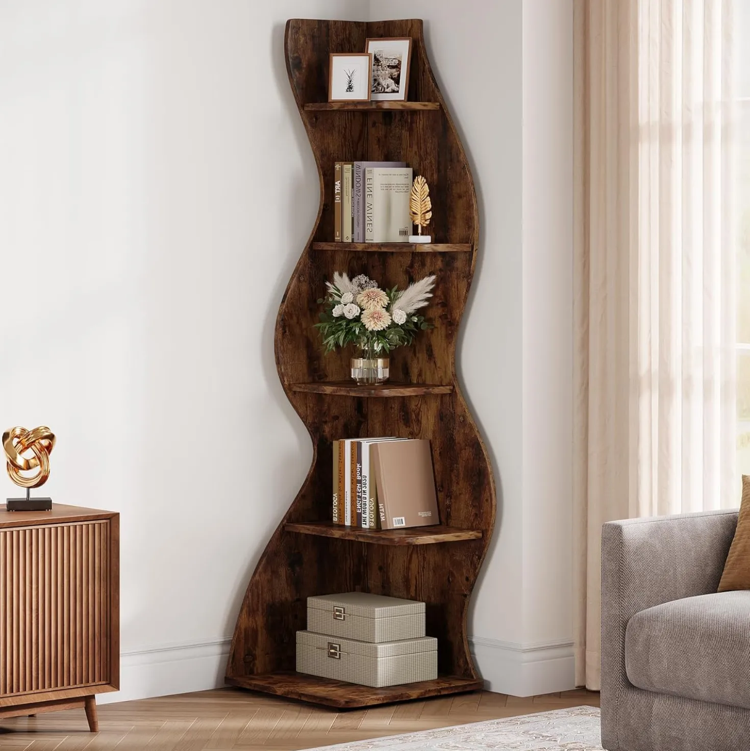 Tribesigns Wavy Corner Shelf, Modern 5-Tier Curved Bookshelf for Small Spaces