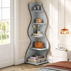 Tribesigns Wavy Corner Shelf, Modern 5-Tier Curved Bookshelf for Small Spaces