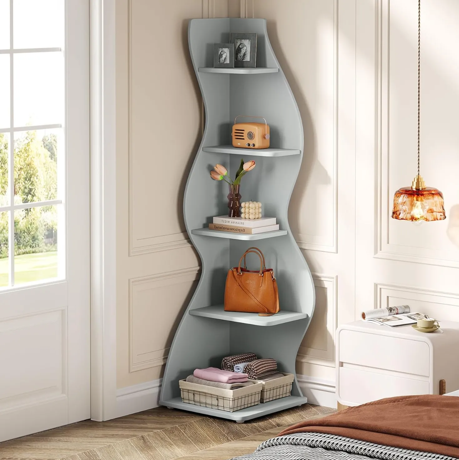 Tribesigns Wavy Corner Shelf, Modern 5-Tier Curved Bookshelf for Small Spaces