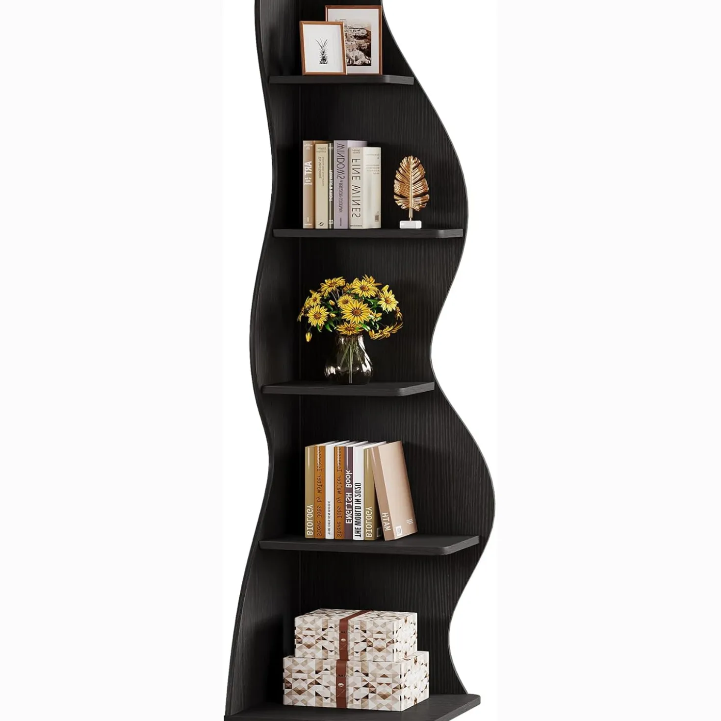 Tribesigns Wavy Corner Shelf, Modern 5-Tier Curved Bookshelf for Small Spaces